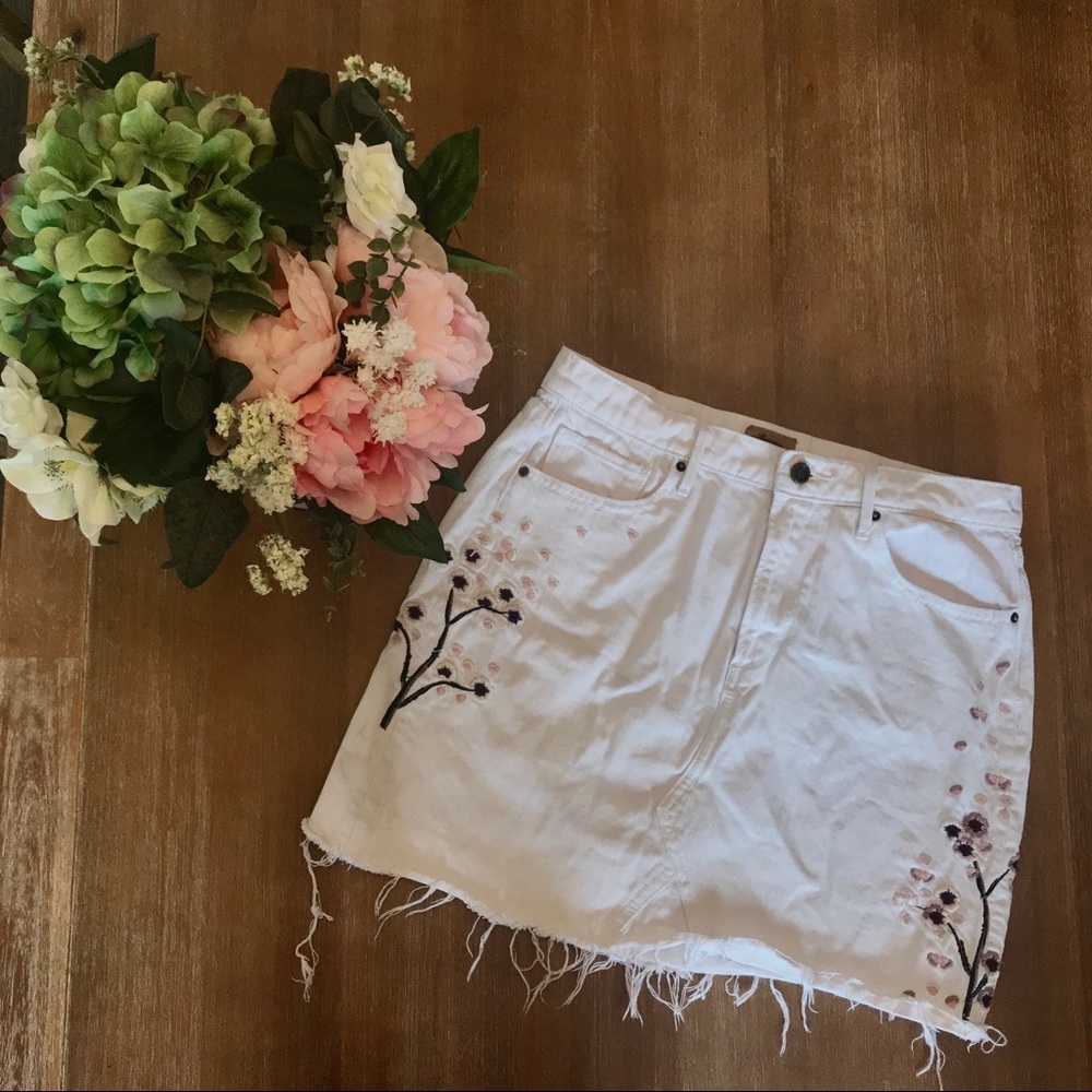 White denim embroidered floral skirt
